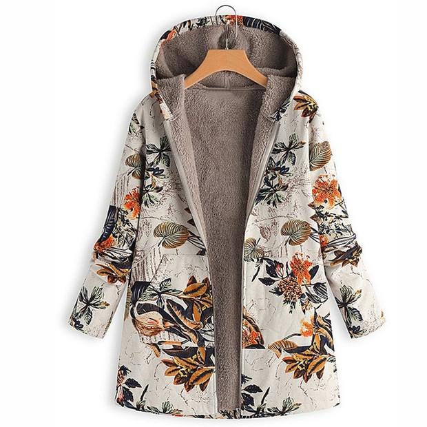 Women Winter Coat Retro Floral Print Hooded Thick Outerwear Plush Zip-up Heat Retention Mid Length Casual Jacket for Daily Wear