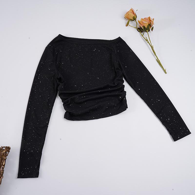 Women's Off-Shoulder Rhinestone Waist-Cinching Long-Sleeve Top