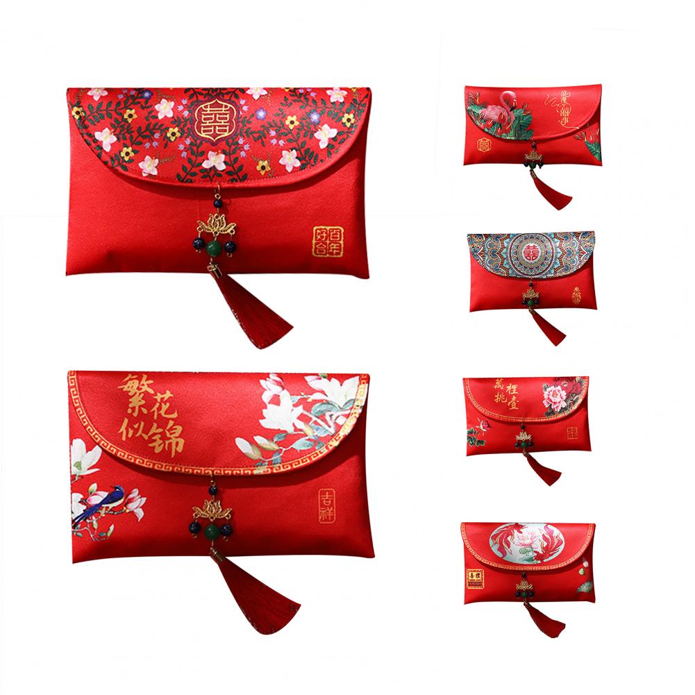 2026 HongBao Traditional Chinese Wedding Invitation Card Bag Faux Silk Festive New Year Red Envelope Lucky Money Bag