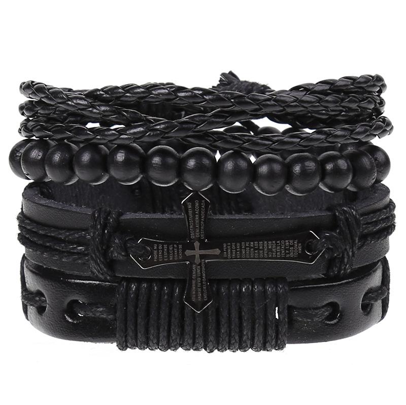 Retro Woven Cowhide Leather Men's Bracelet Set - European & American Handmade DIY Knot