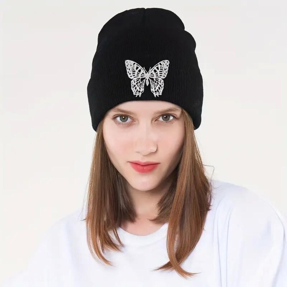 Embroidered Butterfly Knitted Pullover Hat Windproof Ski Bonnets Hat Winter Warm Skullcap