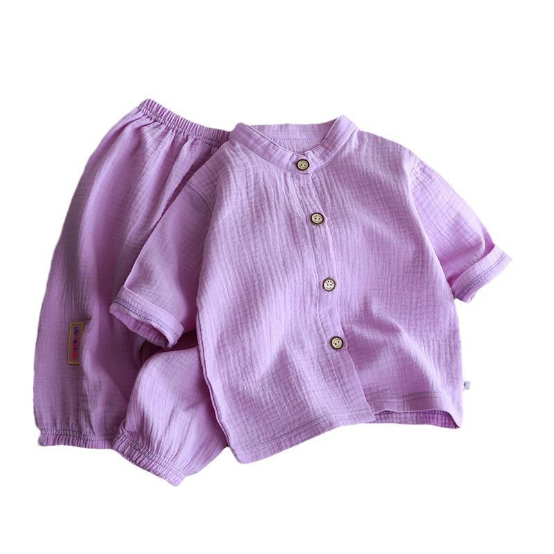 Kids' Stand Collar Cotton Gauze Summer Set - Lightweight Homewear for Boys & Girls