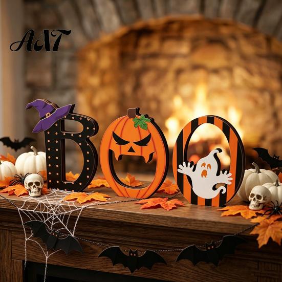 Halloween Desktop Ornament Decor Wooden BOO Ornaments for Tabletop Tiered Tray Decor, Solid Wood Signs Creative Letter Decorations Festive Holiday
