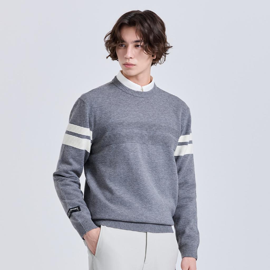 CHALLENGER Men'S Windproof Round Knit Pullover With Sleeve Points Melange Grey