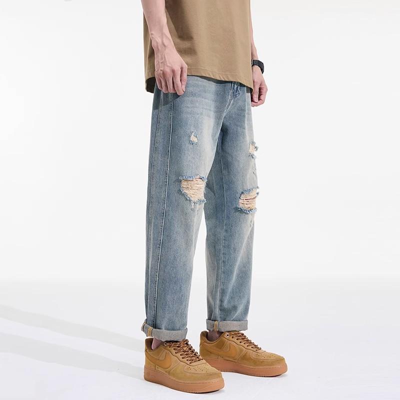 Ripped jeans men's new spring and summer washed pants men's loose straight casual versatile beggar trousers