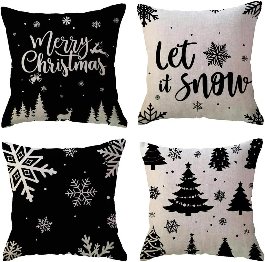 Winter Christmas Day Decorative Pillowcase Black Christmas Decoration Snowflake Tree Double sided Printed Decorative Sofa Cover