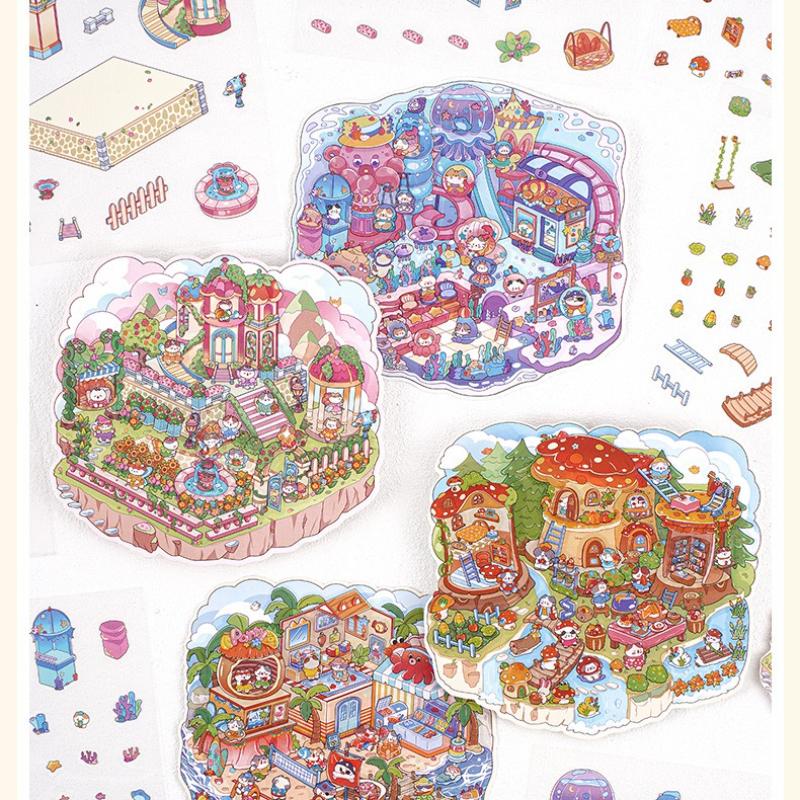 New Landscape Sticker Cabin Scene DIY Toy2.5D Cartoon Seaside Town Game Sticker Festival Birthday Gift for Kid Child Girl