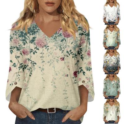 Women’s Casual V Neck Three Quarter Sleeve Floral Printed Top Relaxed Fit Lightweight Blouse for Daily Wear