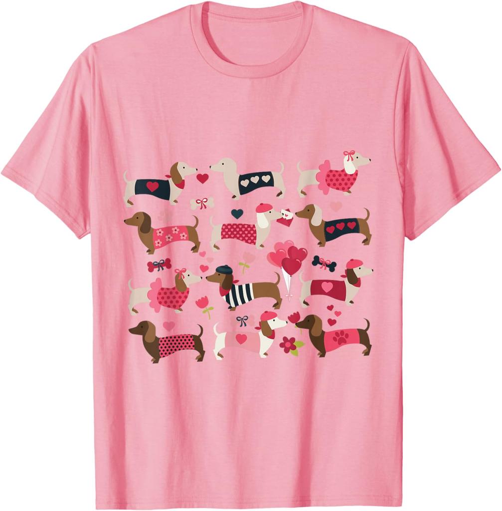 Dachshund Weiner Dog Valentine Heart Print Graphic T-Shirt Casual Daily Crewneck Tee