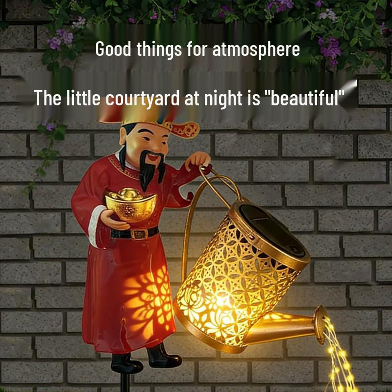 Retro Wrought Iron Solar Kettle Lamp with Copper Coin Design for Outdoor Courtyard Decor