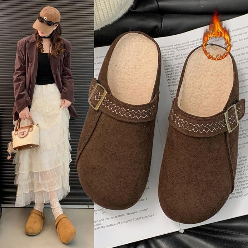 Mao Mao Baotou cotton slippers women wear in autumn and winter, new thick-soled velvet retro one-pedal and half slippers