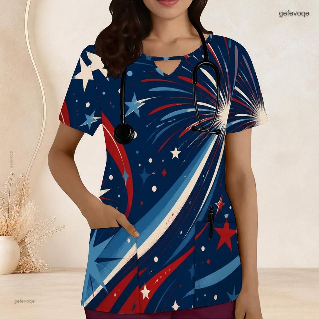 Women Plus Size Bald Eagle Star Printed Keyhole Neck Short Sleeve Nurse Scrub Top With Pockets