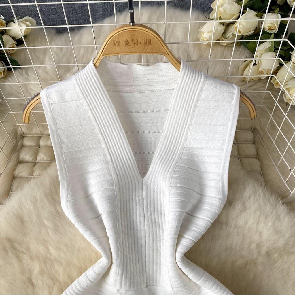 Vestido básico ajustado de punto para mujer, sin mangas, con escote en V, cintura elástica, temperamento sólido, vestido de calle