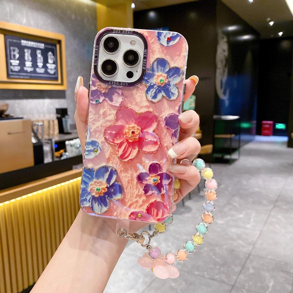 Metal Frame Suitable for Apple 15 Mobile Phone Case 16 IPhone 14 Blue Light Glue Rainbow Oil Painting Flower Bracelet Style