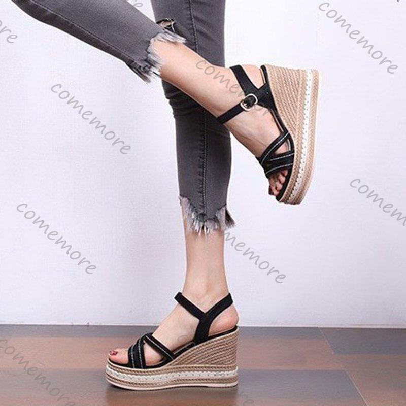 Fashion Comemore Wedges Sandals for Women 2025 Summer Platform 9cm High Heels Roman Style Black Peep Toe Casual Heeled Sandales Femmes