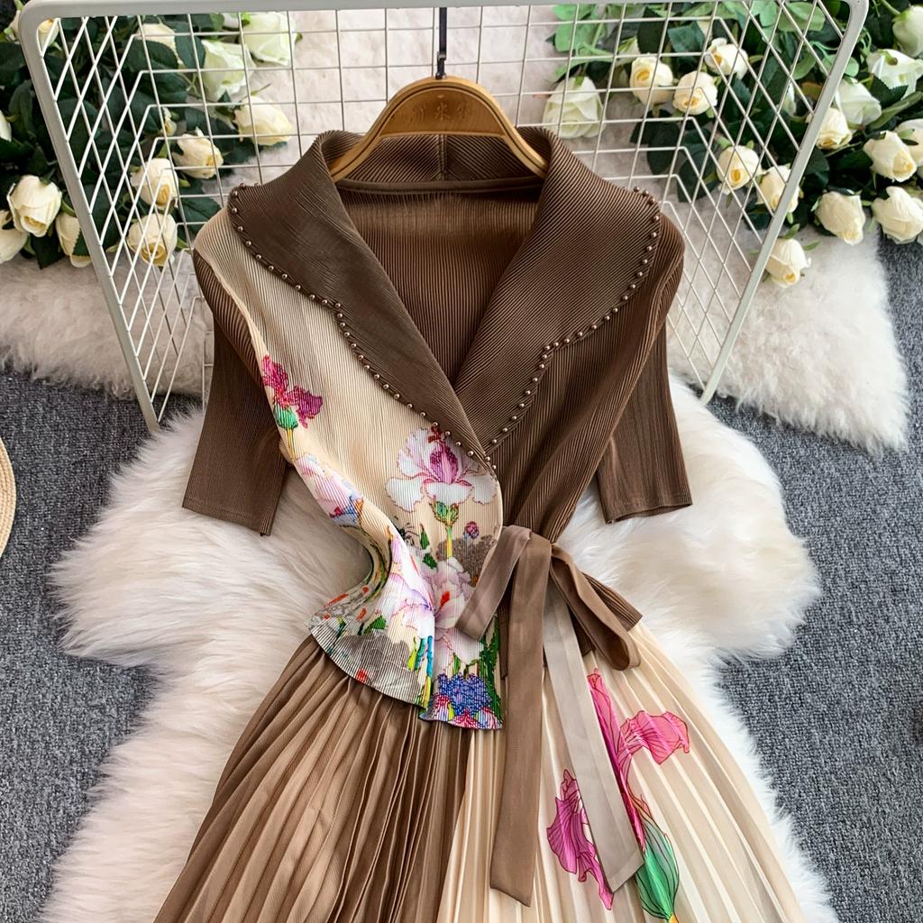 Summer Women Casual Plus Size Miyake Folds Print Beading Lace-up Oversize Loose Long Maxi Pleated Dresses