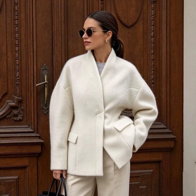 Womens Winter Wool Blend Coat Short Style Stand Collar Puffed Sleeve Loose Fit Elegant Office Wear
