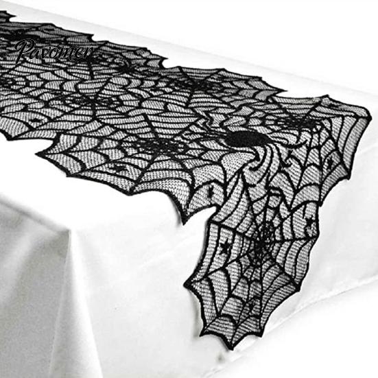 Space-saving Halloween Decoration Table Runner, 18 x 72 Inch Gothic Black Lace Spider Party Decor Web Runner for Kitchen Dinner Centerpiece, Mesh