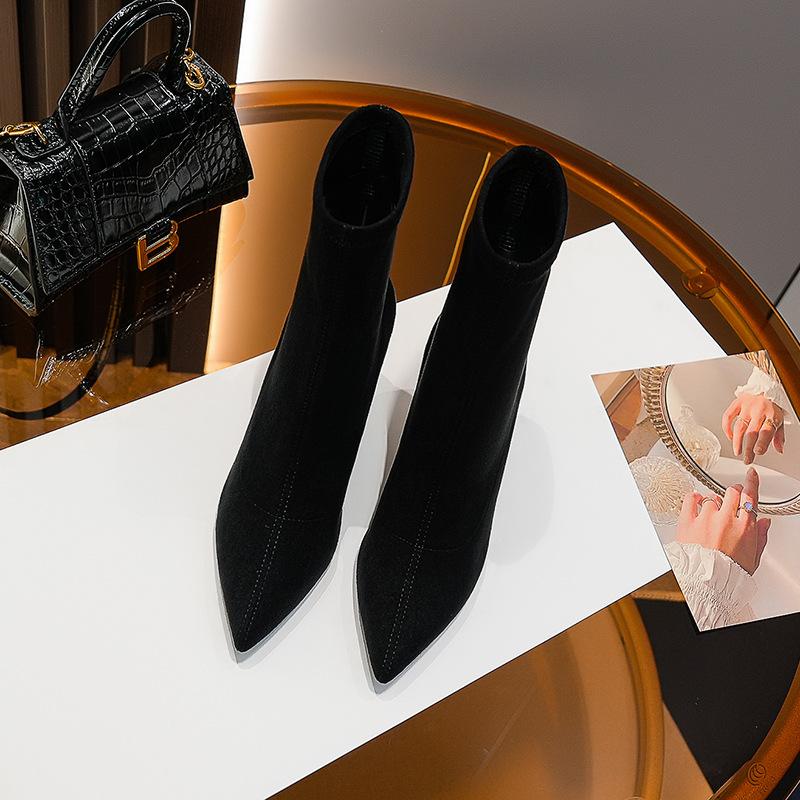 Pointed elastic boots women's 2025 new autumn and winter short boots suede fine heel design temperament socks boots high heel