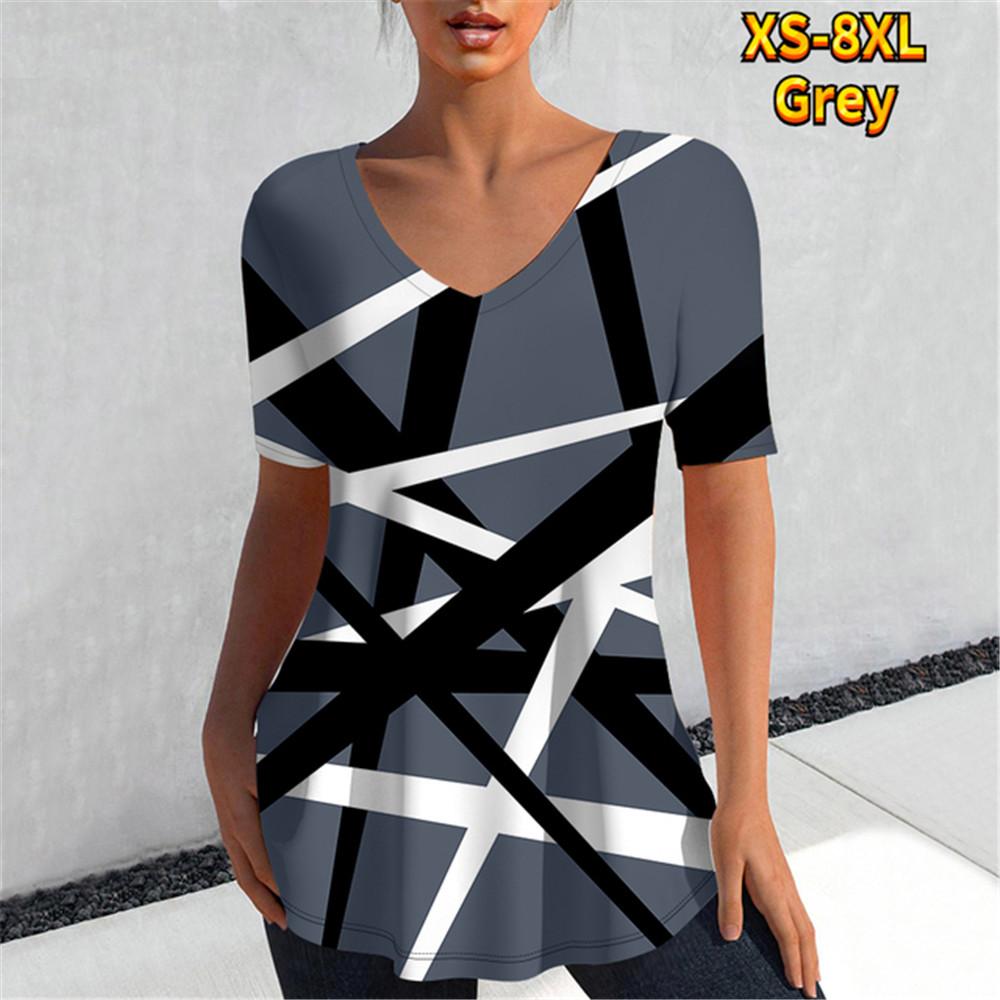 T-skjorte Dame Kontrastfargesøm Digital 3D-trykk Topper Casual T-skjorter Sommer Kort Erm Ny Rund Hals Skjorter Femme