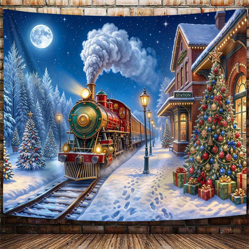 Christmas Train Station Tapestry Wall Hanging Steam Locomotive Snowy Tree Night Aesthetic Wall Art Bedroom Decor