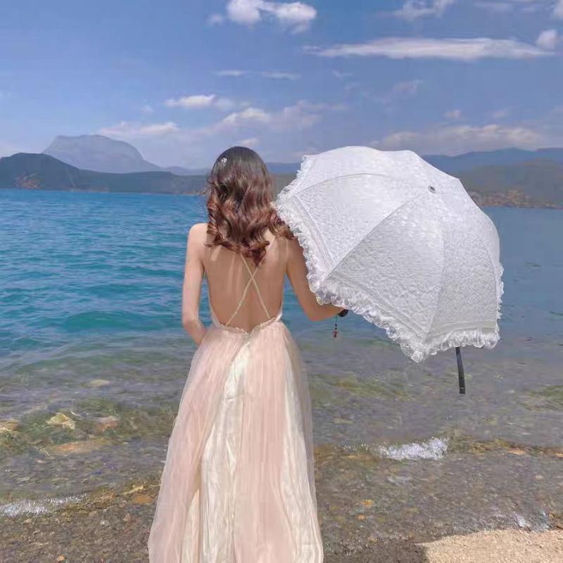 Women Lace Umbrella Double Layer Three-fold Windproof Female Princess Parasol Cute Sunscreen Anti UV Wedding Sunshade