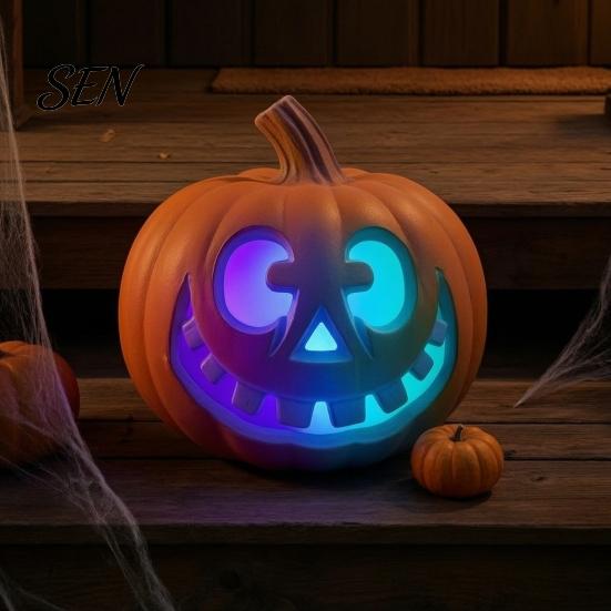 Resin Pumpkin Lamps LED Halloween Light, Light Up Jack O Lantern Decor, Color Ghost Face Lights Gradient Glowing Lamp for Yard Porch Window