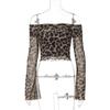 Long Sleeve Printed Leopard Print Top off-Shoulder Navel Leopard Print Print Top