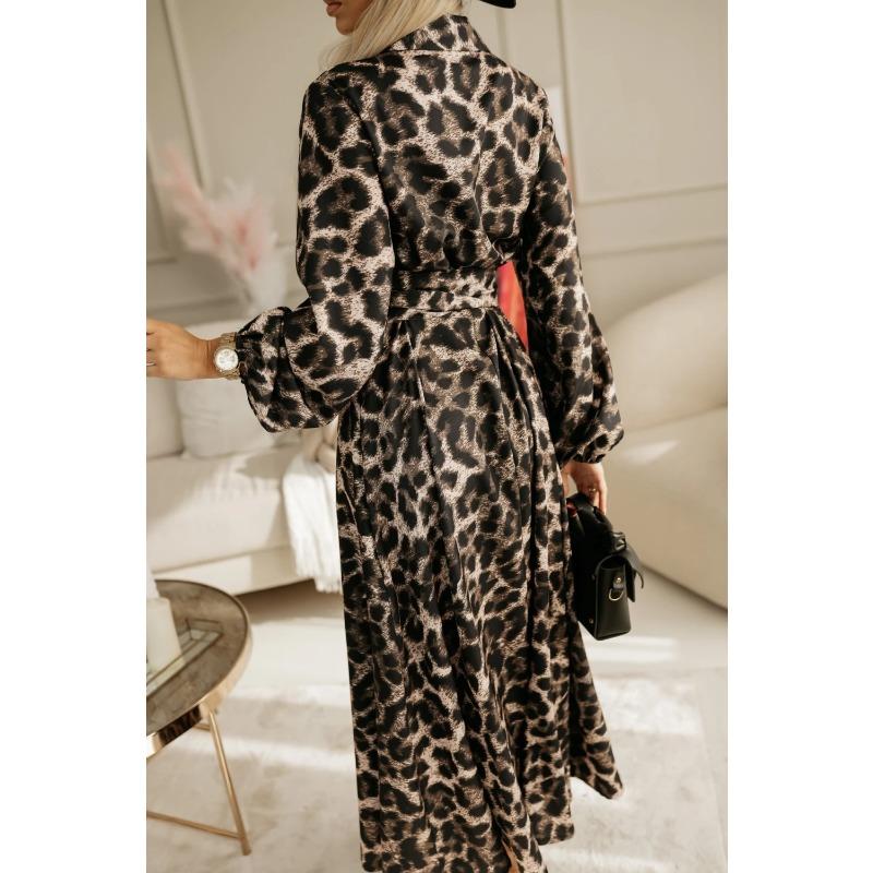 Elegant Women's Long Sleeve Floral Print Shirt Collar Midi Dress, Autumn Party Loose Belted Dress Casual Fashion with Lantern Sleeve Button Clothing