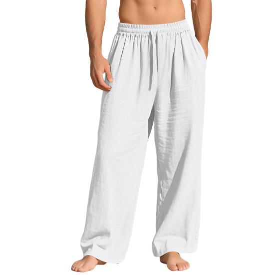 

Men s Linen Pants Straight Leg Elastic Waist Drawstring Lightweight Trousers Casual Summer Beach Long Pants with Pockets M білий