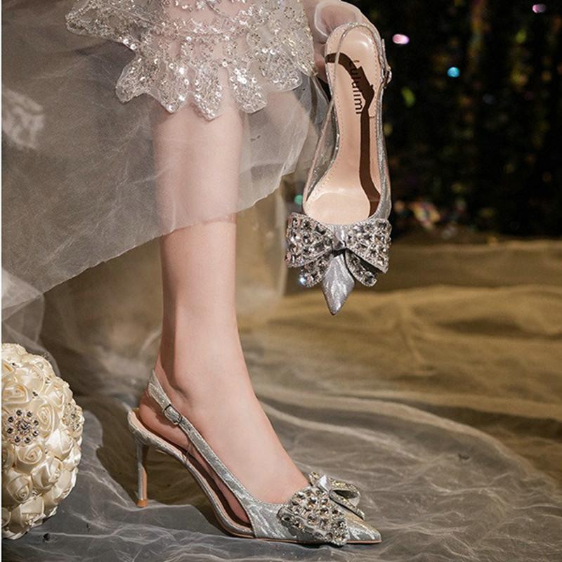 Fashion 2025 New Crystal Wedding Shoes Thin Heel Pointy Baotou Autumn Bride Shoes Fashion Rhine-Diamond Bridesmaid High Heel Sandals