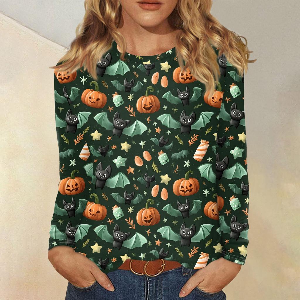 Langarmshirts Für Damen Niedliche Halloween-Print Grafik-T-Shirts Blusen Lässig Große Größen Basis-Oberteile Pullover