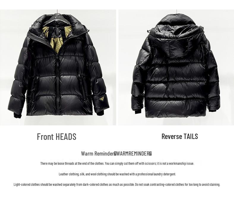 Unisex Shiny Short Down Jacket: Off-Season Duck Down, Thick, Loose Fit, Black & Gold, Korean Style, Plus Size