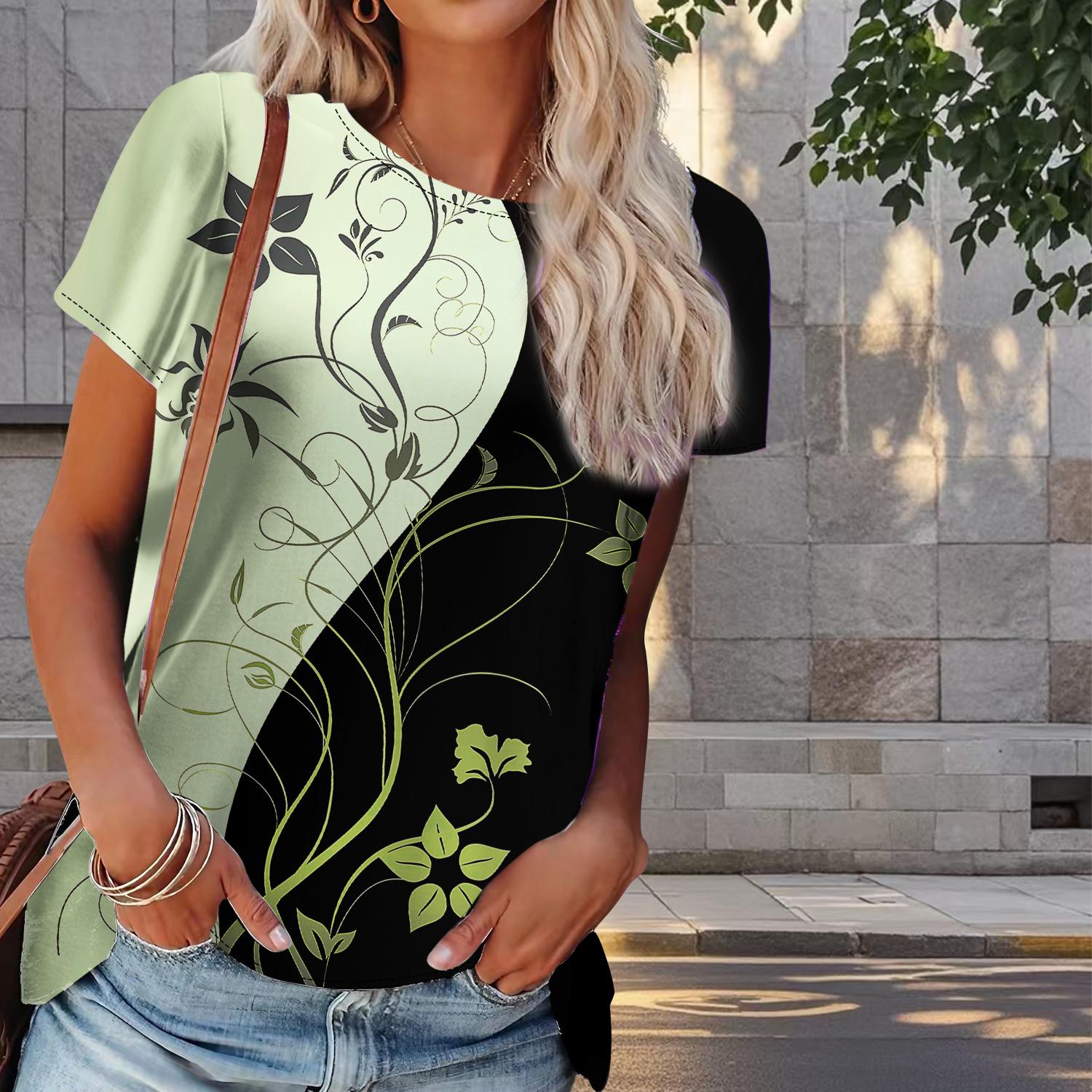 

Женская летняя футболка с принтом листьев в стиле ретро, футболки с коротким рукавом, повседневные топы с принтом 8XL жёлтый