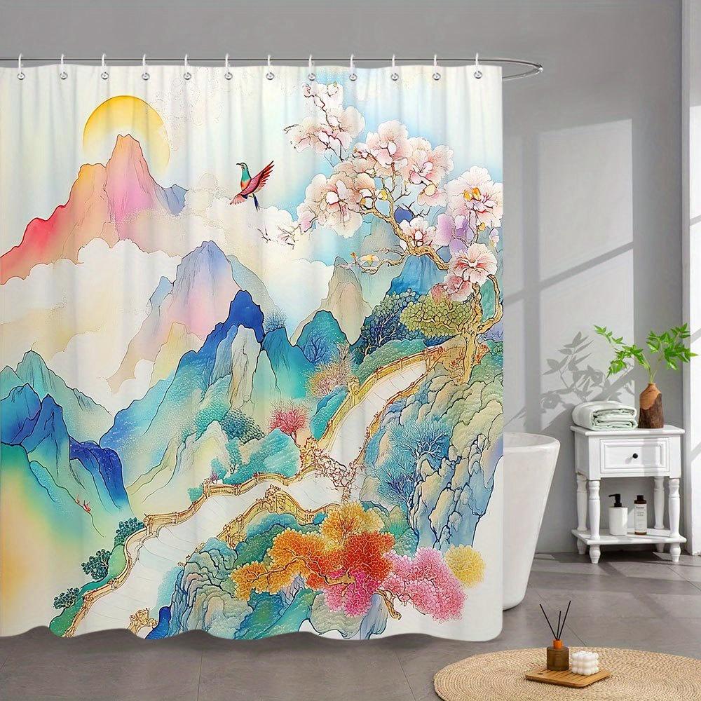 1pc Cherry Blossom Bird Bath Curtain - Vibrant Watercolor Design with Red for Blue Bird Pink Flowers Mountain Stream Pastel Sky