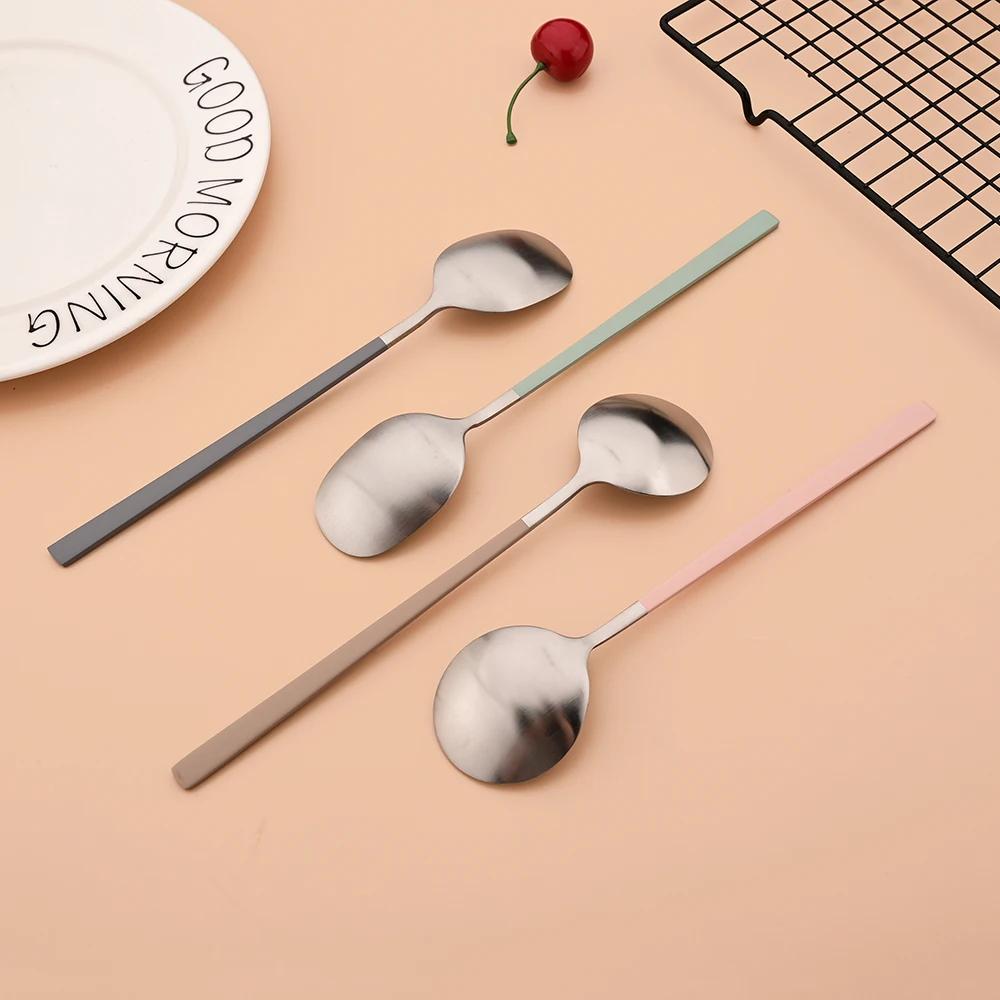 Pink Silver Matte Korean Tableware Set 6Pcs Luxury Cutlery Set Stainless Steel Dinnerware Spoon Chopsticks Flatware Cutlery Set