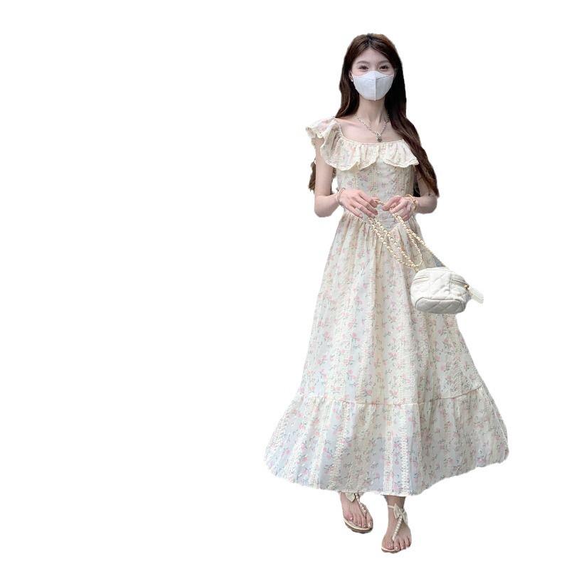 Women's Summer 2024 Embroidered Ruffle Waist-Hugging Petite Dress