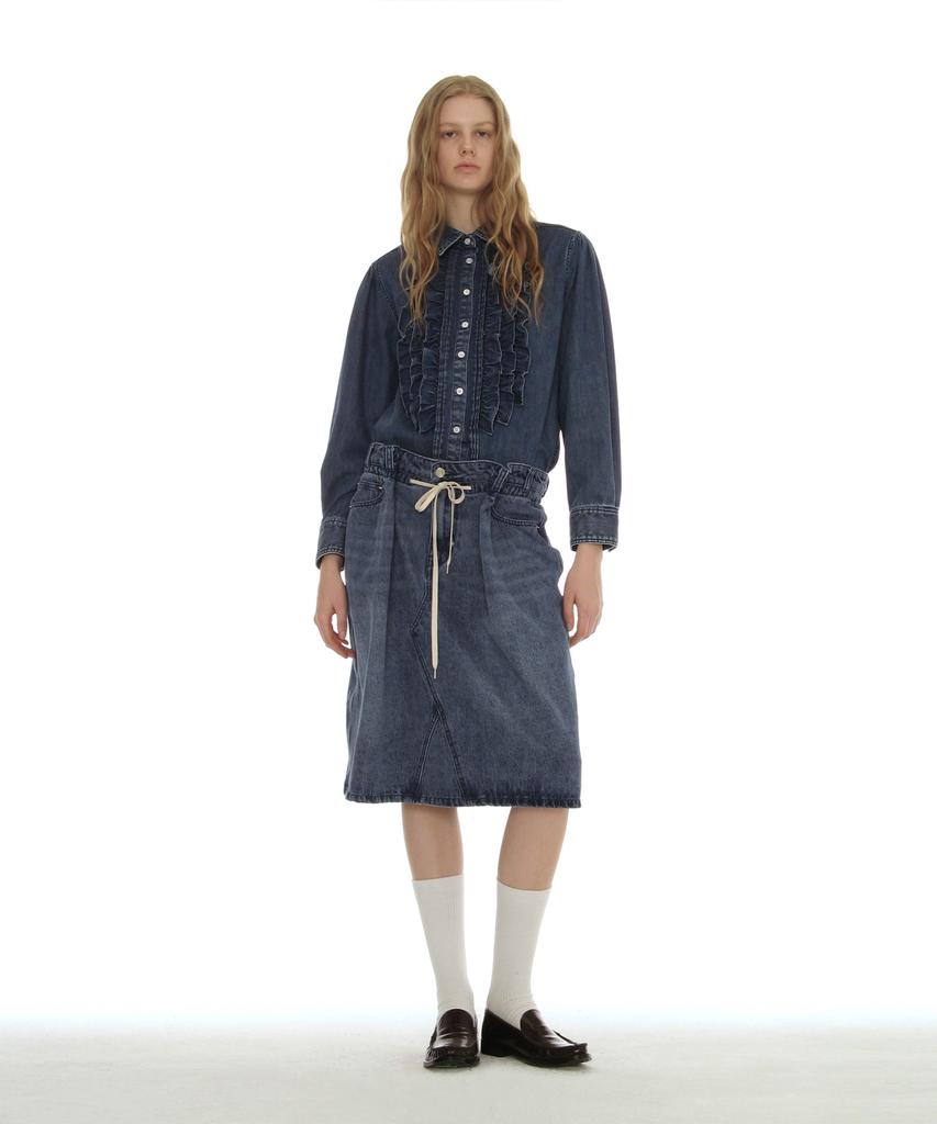 Partimento Woman Drawstring Denim Midi Skirt_Light Blue