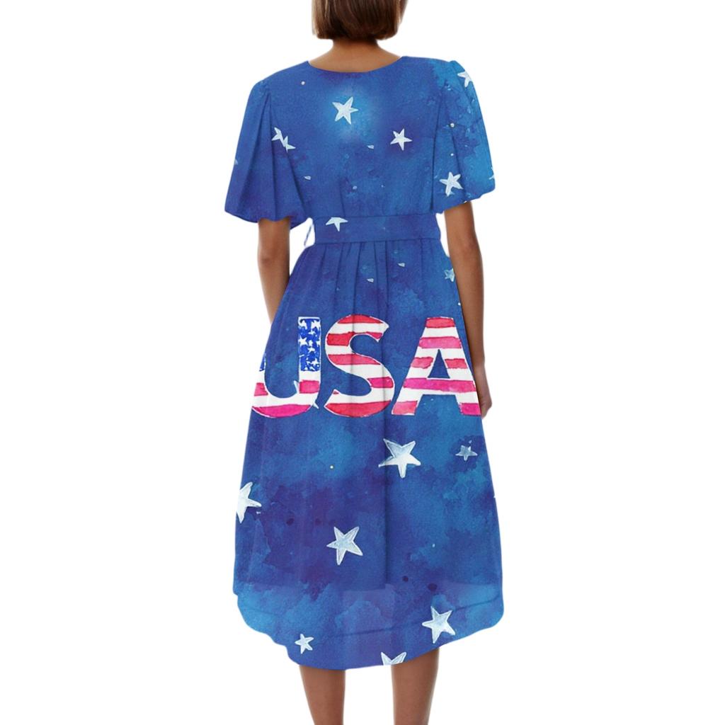 Women's Fashionable Casual V-neck Short-sleeved Independence Day Printed Dress