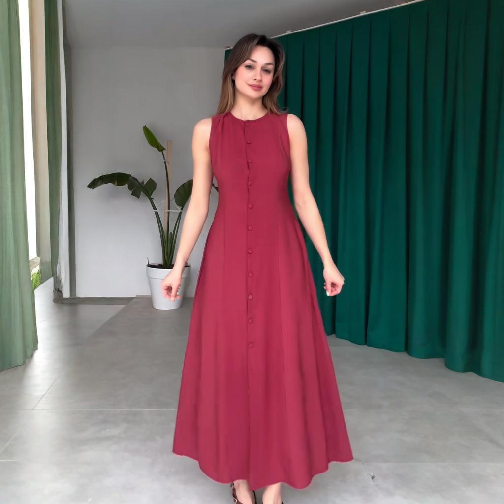 2025 Summer European & American Round Neck Button Sleeveless Slit Sexy Slim Fit Dress