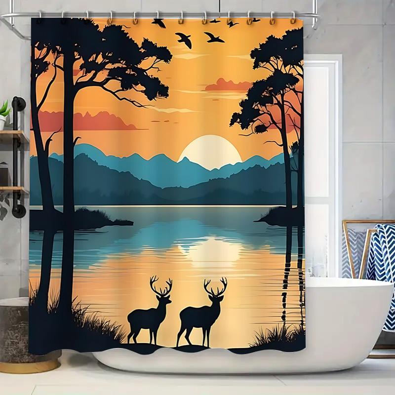 

Stylish Nature Scene Shower Curtain For Home Decoration - Sunset Landscape With Deer And Trees Complimentary Hook Easy-Clean W60H190(CM)-1 Pcs