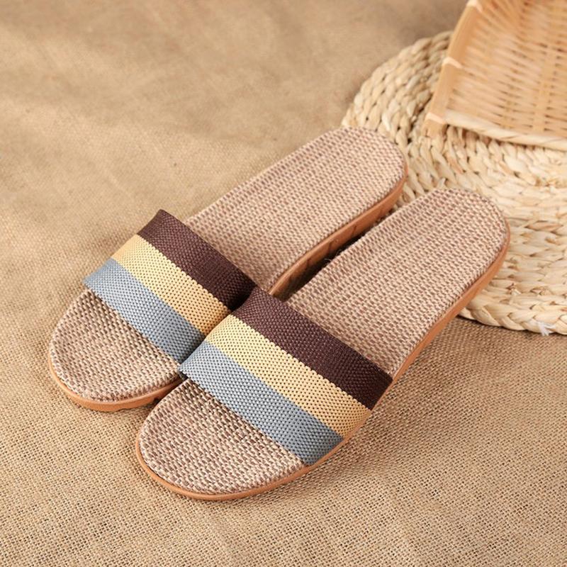 Aphixta Women Slippers Men Flax Indoor Slids Flat Heel Summer Bedroom Slippers Gingham Flax Home Female Male Shoes W