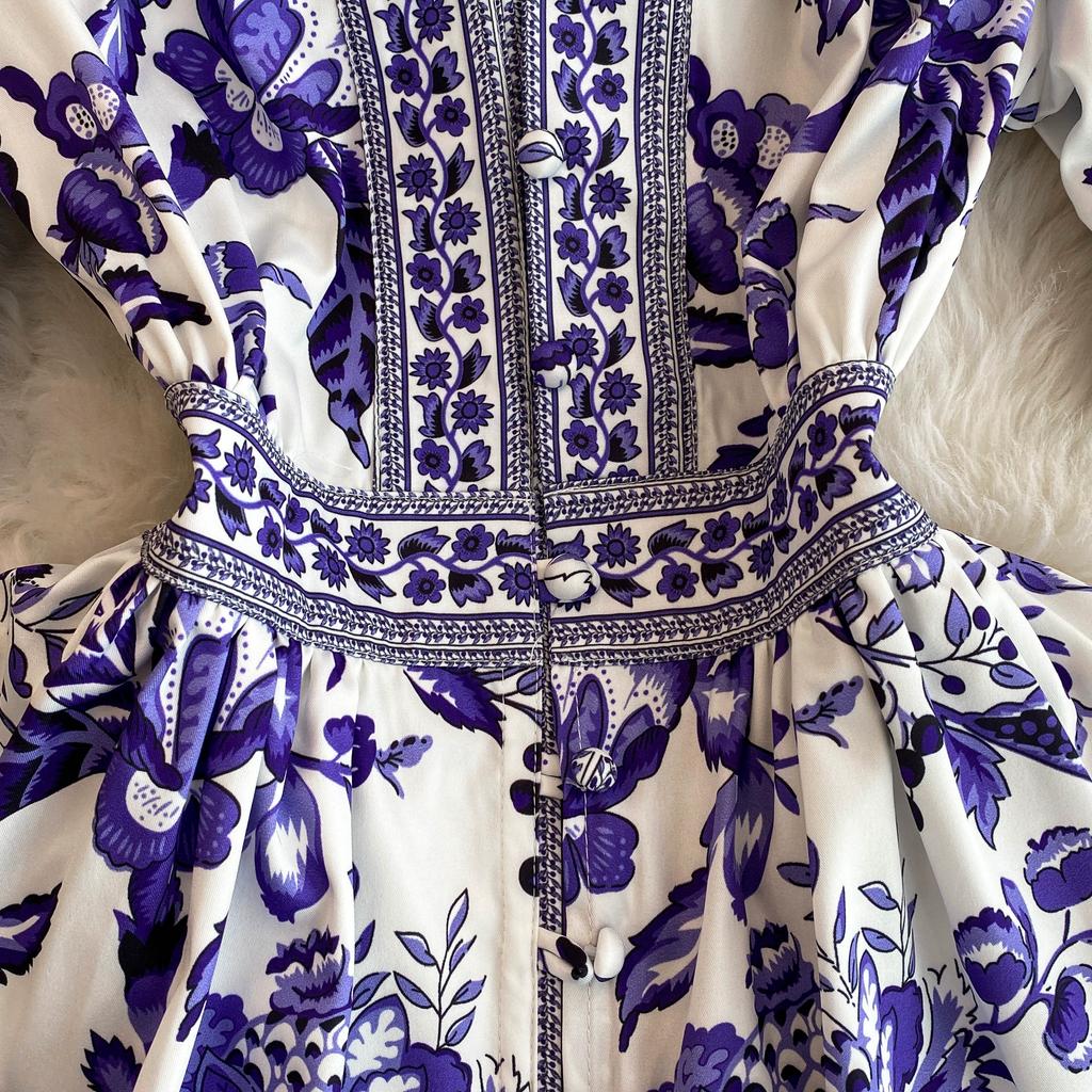 Summer Women Designer Vintage Print Runway Dress Elegant V-neck Single Breasted Party Dresses