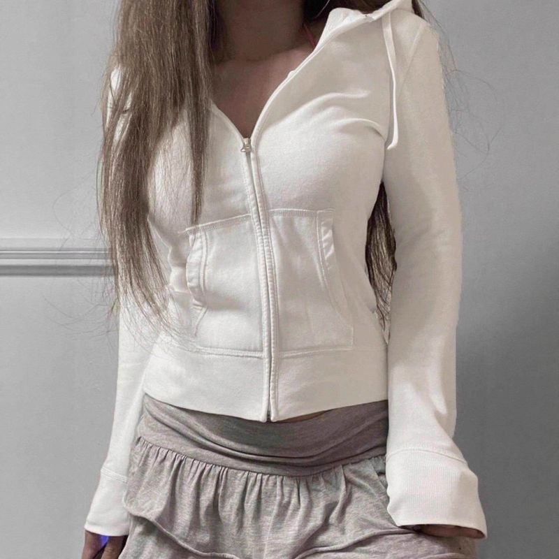 New Solid Color Waist-Cinching Slimming Hooded Cardigan Coat Ivory White XS