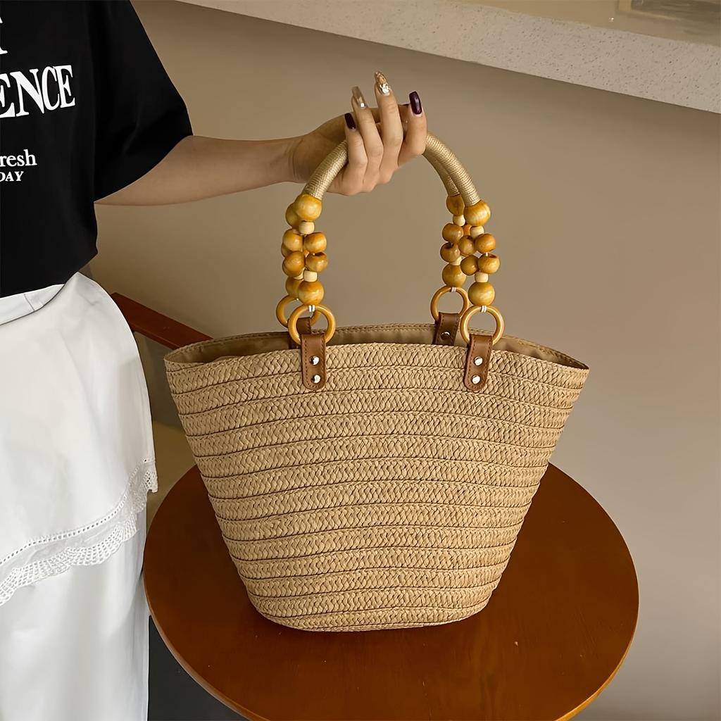 Women's Tote Bag Vacation Style Beaded Decoration Large Capacity Straw Weaving Tote Bag Suitable for Holiday Travel, Shopping and Walking