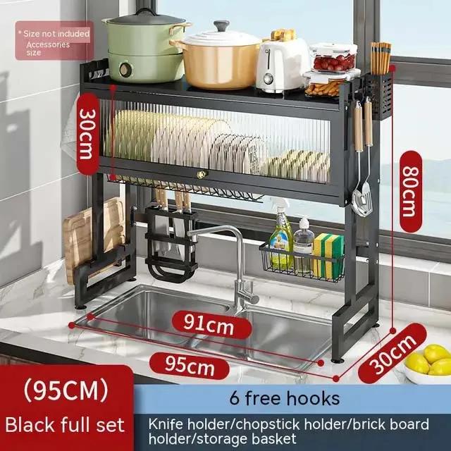 Kitchen Sink Cabinet Door Rack Countertop Sink Shelf with Door Dust-Proof Cutlery Cutting Board Drain Rack Bowl Plate Organizer