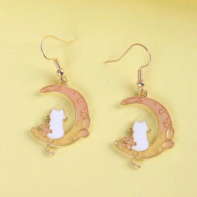 Cute Moon Cat Personality Girlish Temperament Flower Crescent Earrings
