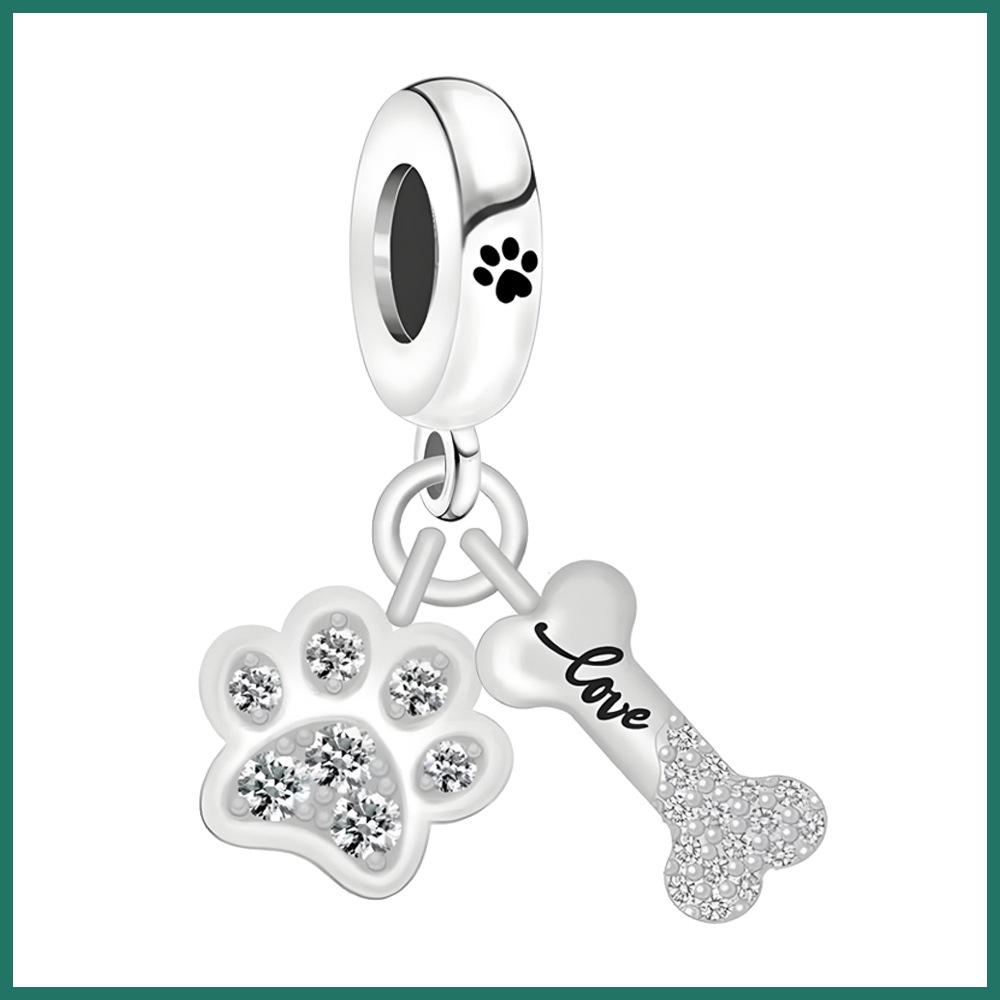 

S925 Silver Pet Theme DIY Jewelry Accessories Zircon Paw Print And Bone Dual Pendant Bracelet Necklace Beads