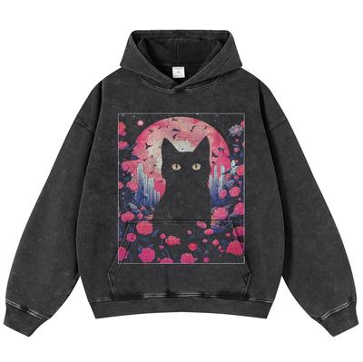 Streetwear Cat Painting Washed Black Oversized Unisex Y2K Hoodie