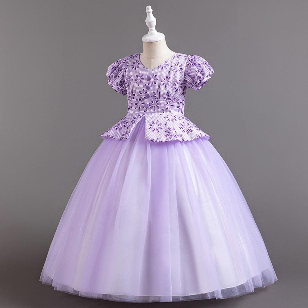 Children's Princess Dresses Thousand Birdie Patchwork Mesh Puffy Long Bubble Sleeve Girls' Stage Performance Dresses  Girl's Favourite Dress